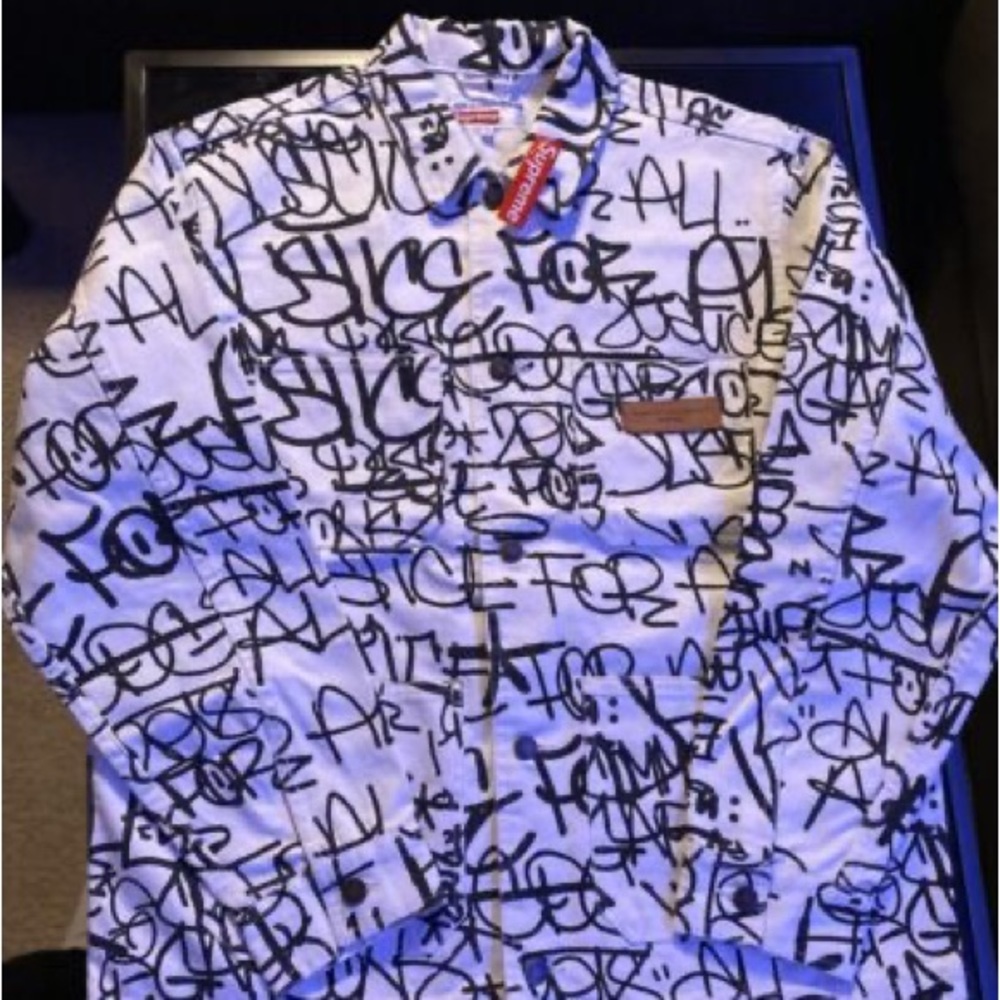 Supreme X Comme Des Garçons White Printed Canvas Chore Coat, Size M | FW18